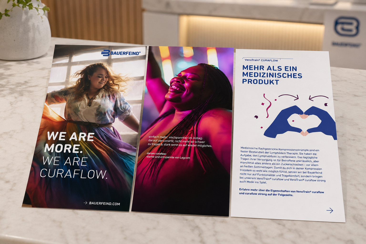 We Are More campaign brochure for VenoTrain curaflow displayed on a retail counter